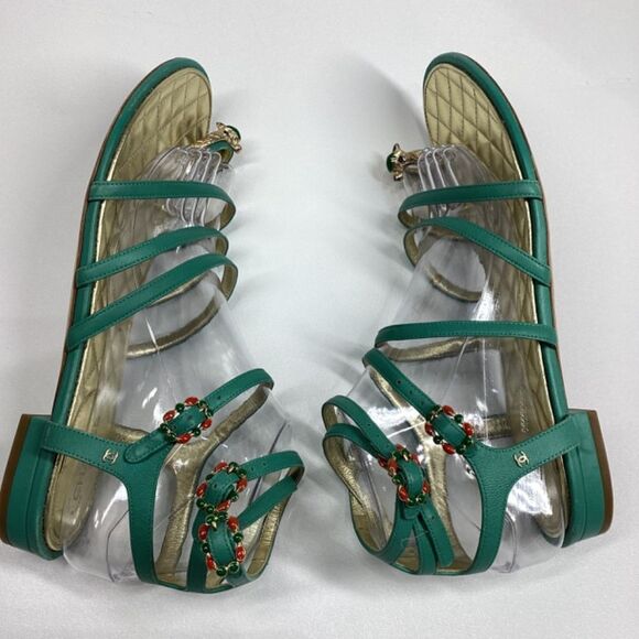 CHANEL Interlocking CC Logo Leather Gladiator Sandals Green Size EU 39.5 8.5US - Picture 8 of 17